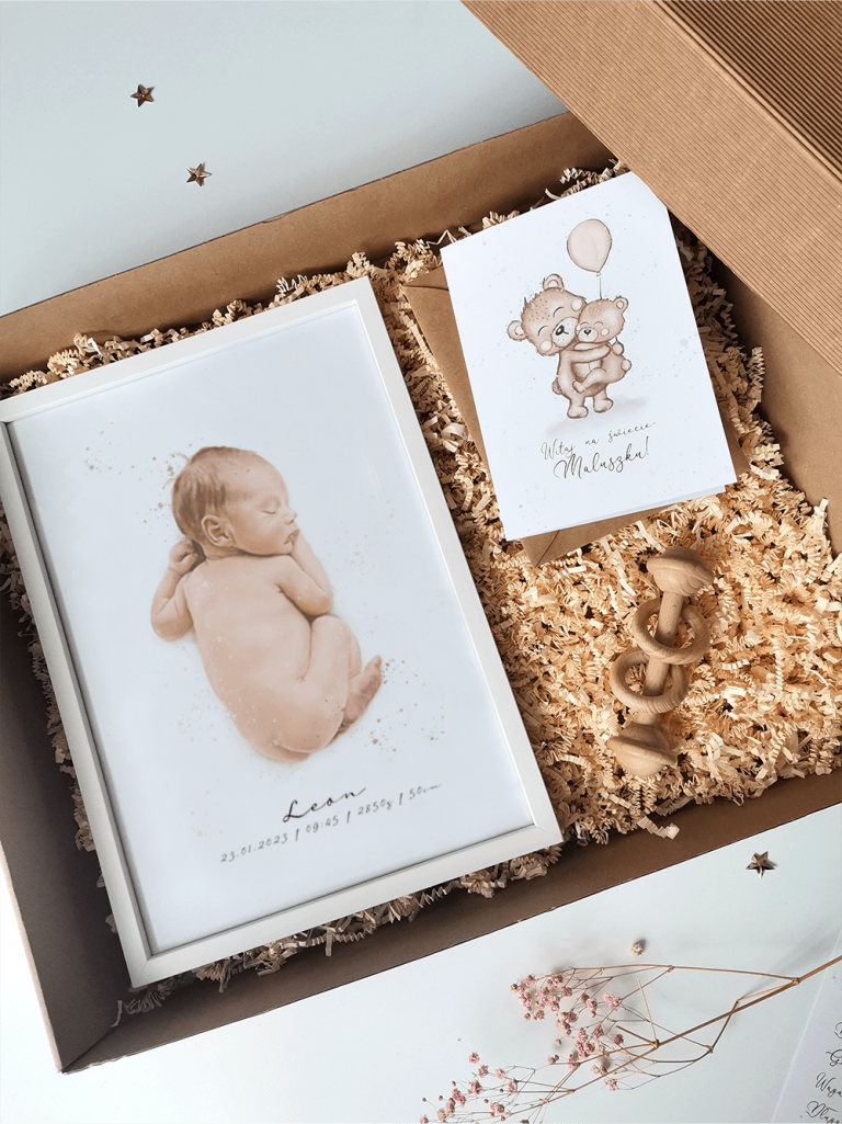 Prezent Dla Noworodka Nr 6 – Zestaw Metryczka z Ramką, Grzechotka, Kartka