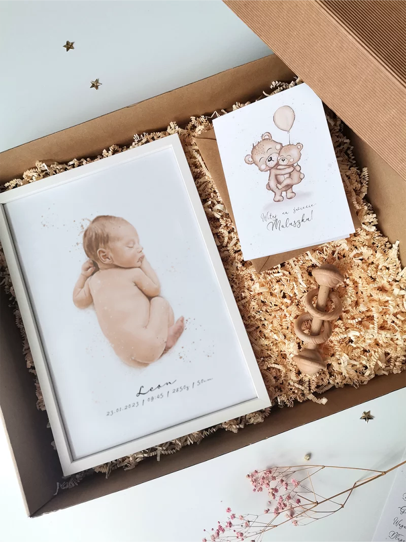 Prezent Dla Noworodka Nr 6 - Zestaw Metryczka z Ramką, Grzechotka, Kartka
