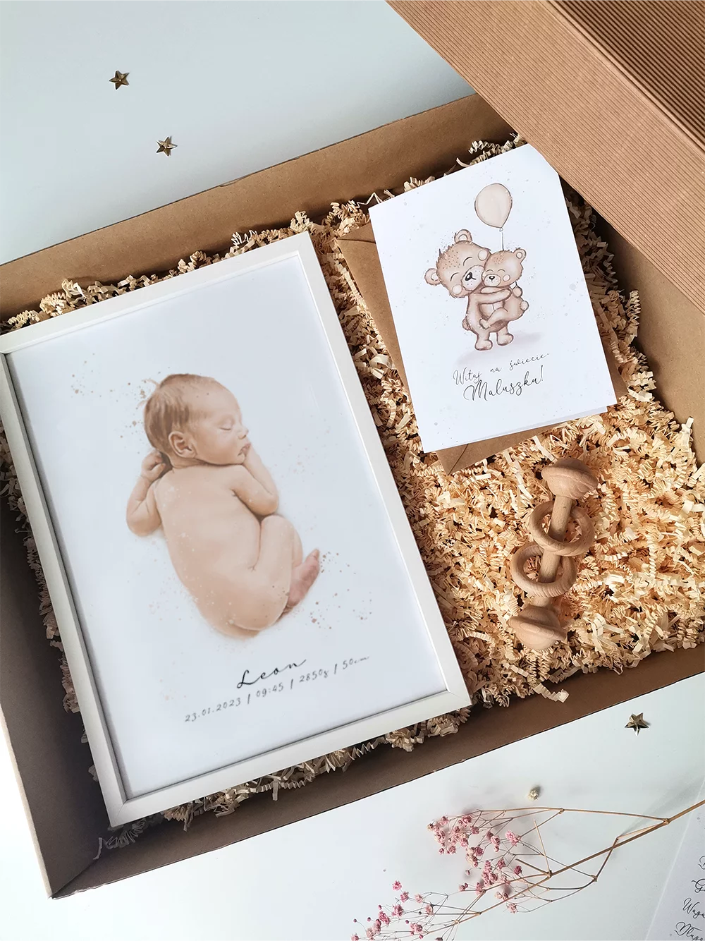 Prezent Dla Noworodka Nr 6 - Zestaw Metryczka z Ramką, Grzechotka, Kartka