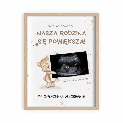 Plakat powiadomienie o ciąży ze zdjęciem USG – z Misiem