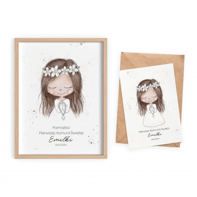 Pamiątka na Pierwszą Komunię Świętą dla dziewczynki – Zestaw Plakat + Kartka | Personalizowana pamiątka komunijna