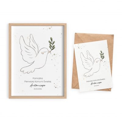 Pamiątka na Pierwszą Komunię Świętą z Gołębiem – Zestaw Plakat + Kartka | Personalizowana pamiątka komunijna